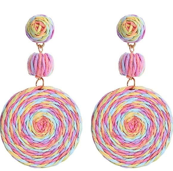 Pastel Multicolored Raffia Earrings Bohemian Wicker Boho Statement Wicker 80s - Picture 2 of 5
